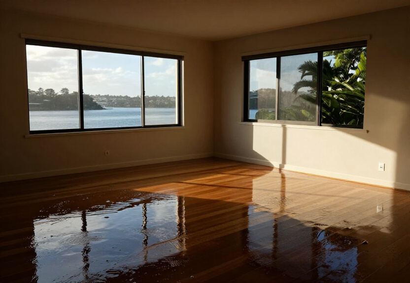 Water-damaged wall in a Darling Point apartment with peeling paint and moisture stains